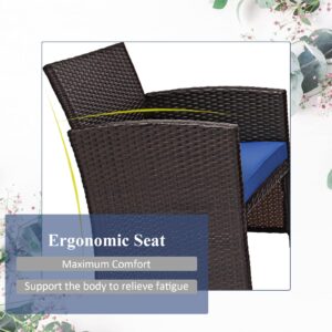 Toolsempire Outdoor Furniture Set with Water-Resistant Cushion & Tempered Glass Table, 8 Pieces Wicker Conversation Set with Ergonomic Curved Design, Outdoor Rattan Chair for Balcony, Porch(Navy Blue)