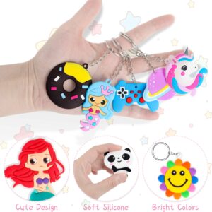 65 PCS Cartoon Keychains for Kids Party Favors Bulk Key Chain with Video Game, Ball, Guitar, Dinosaur, Donut, Glow-in-the-dark Unicorn Keychains Suitable for School Day Birthday Party Supplies Gifts