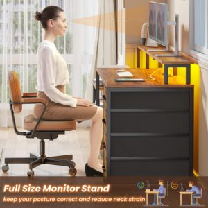 SEDETA Home Office Desk with File Drawer & Power Outlet, 66'' Computer Desk with 5 Drawer, Storage Shelves, Printer Cabinet and Monitor Shelf, Gaming Desk with Led Lights, Rustic Brown