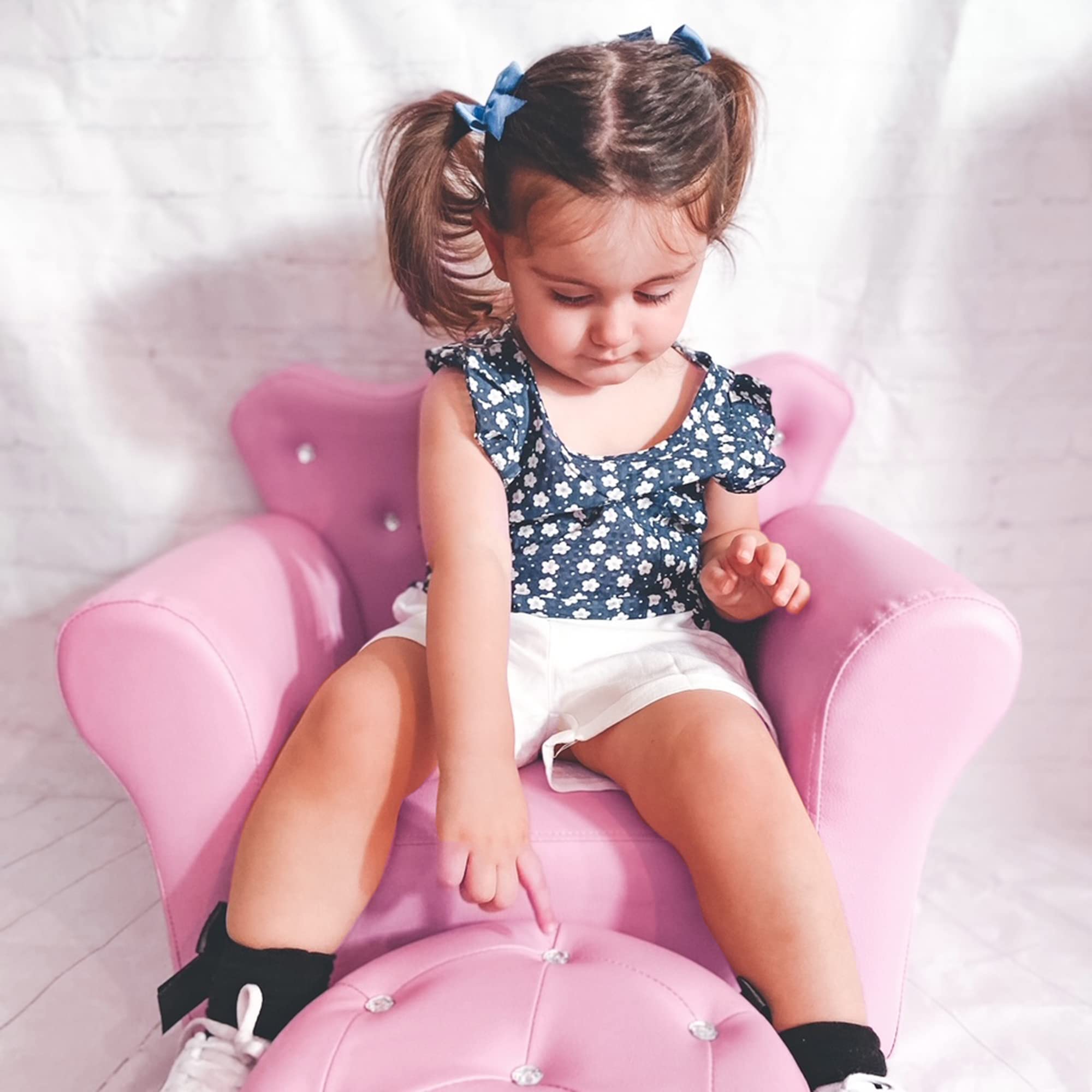 Qaba Kids Sofa Set, Children's Upholstered Sofa with Footstool, Princess Sofa with Diamond Decorations, Baby Sofa Chair for Toddlers, Girls, Pink