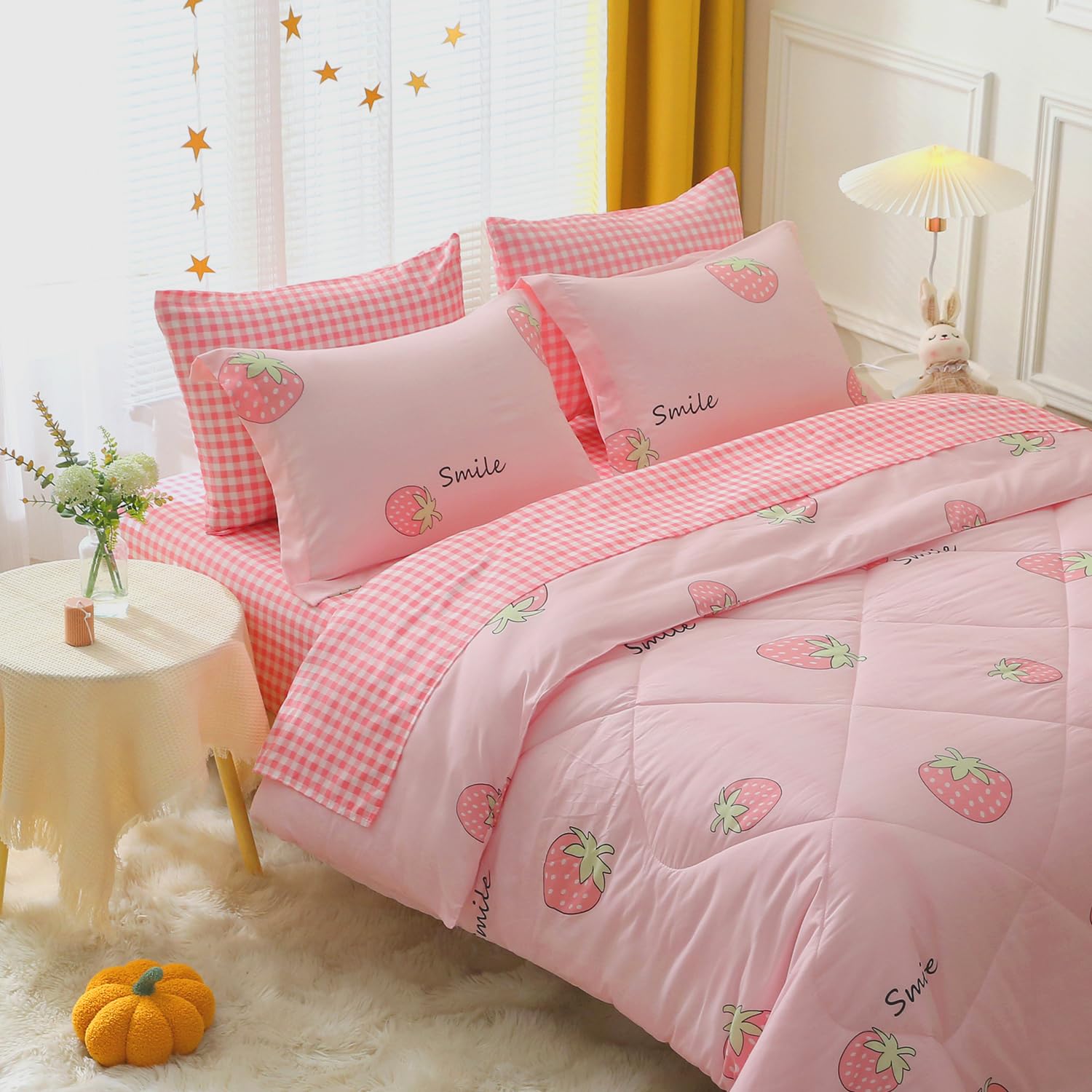 Jameswish 7 Piece Kids Strawberry Comforter Set Twin Size for Girls Teens Bed in A Bag Light Pink Grid Bedding Set with Sheet All Season Lightweight