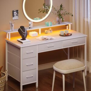 Seventable Computer Desk with Power Outlets & LED Light, 39 inch Home Office Desk with 5 Drawers, Writing Desk with Monitor Stand, Work Desk for Home Office, White