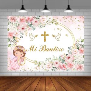 AIBIIN 7x5ft Pink Mi Bautizo Backdrop for Girls Baby Shower God Bless First Holy Communion Background Oval Mexican Baptism Party Flowers Decorations Banner Props