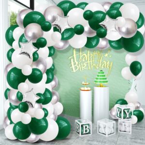 Emerald Green Silver White Balloon Garland Arch, Dark Green White Balloons Green Metallic Silver 2024 Graduation Party for Camo Military Video Game Birthday Jungle Baby Shower Anniversary Party