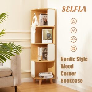 SELFLA 4-Tier Wood Corner Bookshelf, Nordic Style Modern Book Shelf, Tall Shelf & Thickened Wooden Layers, Sturdy Standing Bookcase for Living Room/Bedroom/Office, Easy to Assemble - Natural & White