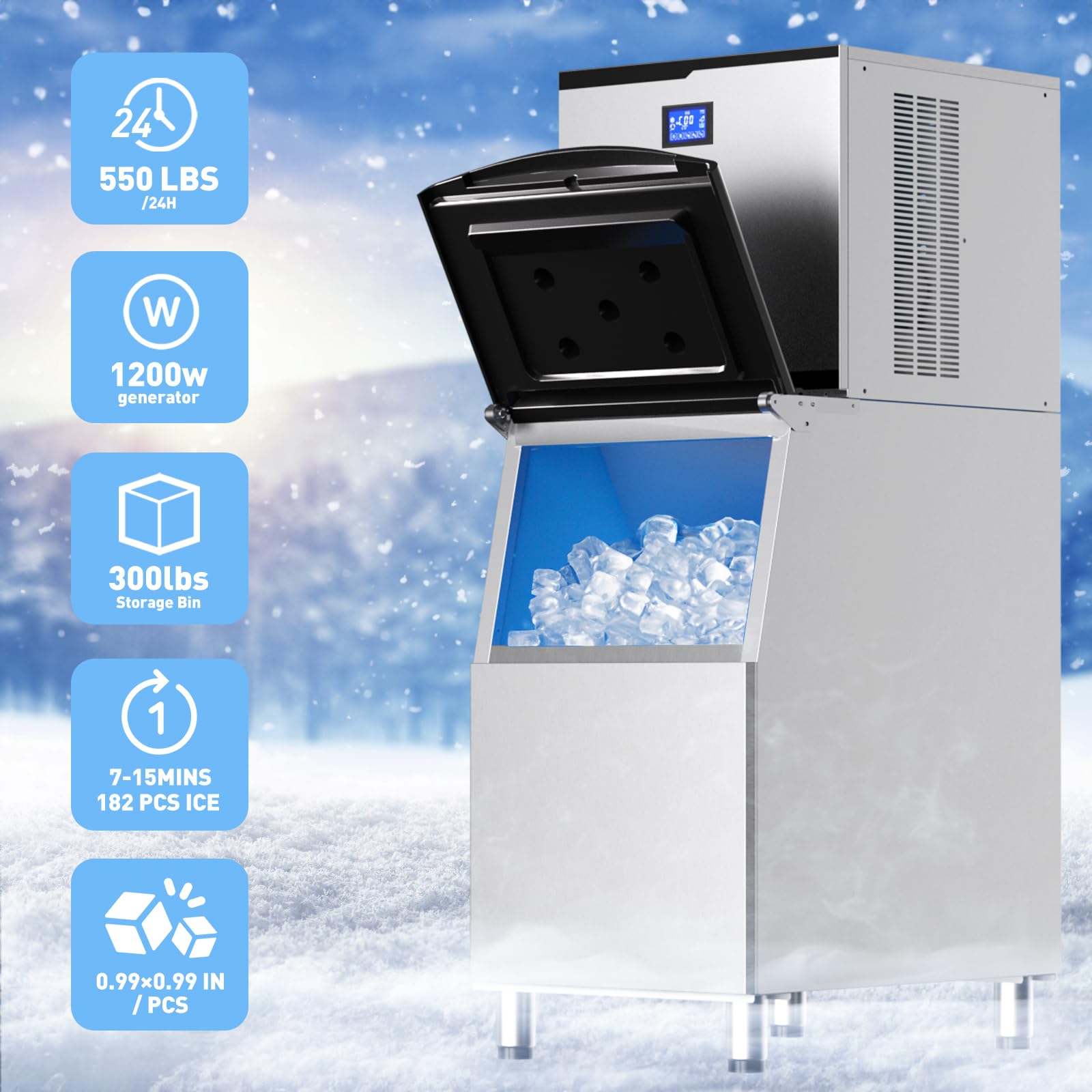 ERGMASTER Commercial Ice Maker Machine 550 LBS/24H - Industrial Ice Machine with 350LBS Large Storage Bin Ice Ready in 8-15 mins Stainless Steel Construction,Clear Ice Maker for Bar/Cafe/Restaurant