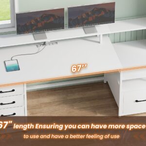 SEDETA White Computer Desk with 5 Drawer & Power Outlet, 66'' Home Office Desk with File Drawer, Storage Shelves, Printer Cabinet and Monitor Shelf, Gaming Desk with Led Lights