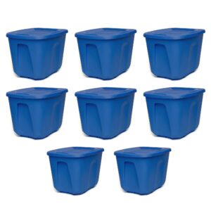 homz 10-gallon stackable and nestable heavy duty plastic storage container organizer bin with 4 way handles, capri blue (8 pack)