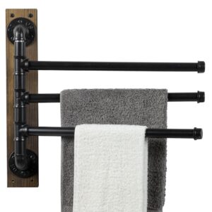 mygift 17.3 inch wall mounted bathroom swivel towel rack on rustic burnt solid wood board, 3 tier industrial black metal pipe bars with 180 degree swing for towels