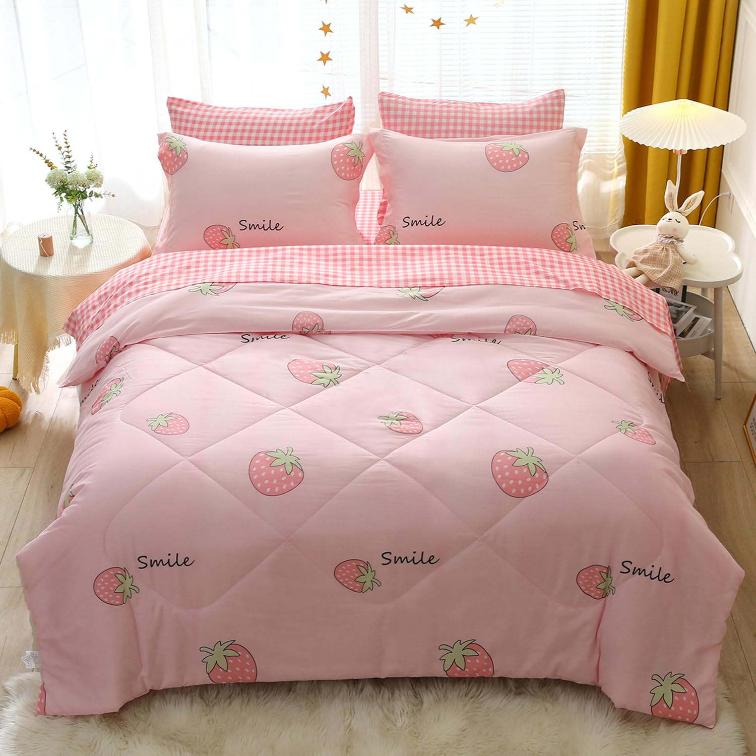 Jameswish 7 Piece Kids Strawberry Comforter Set Twin Size for Girls Teens Bed in A Bag Light Pink Grid Bedding Set with Sheet All Season Lightweight