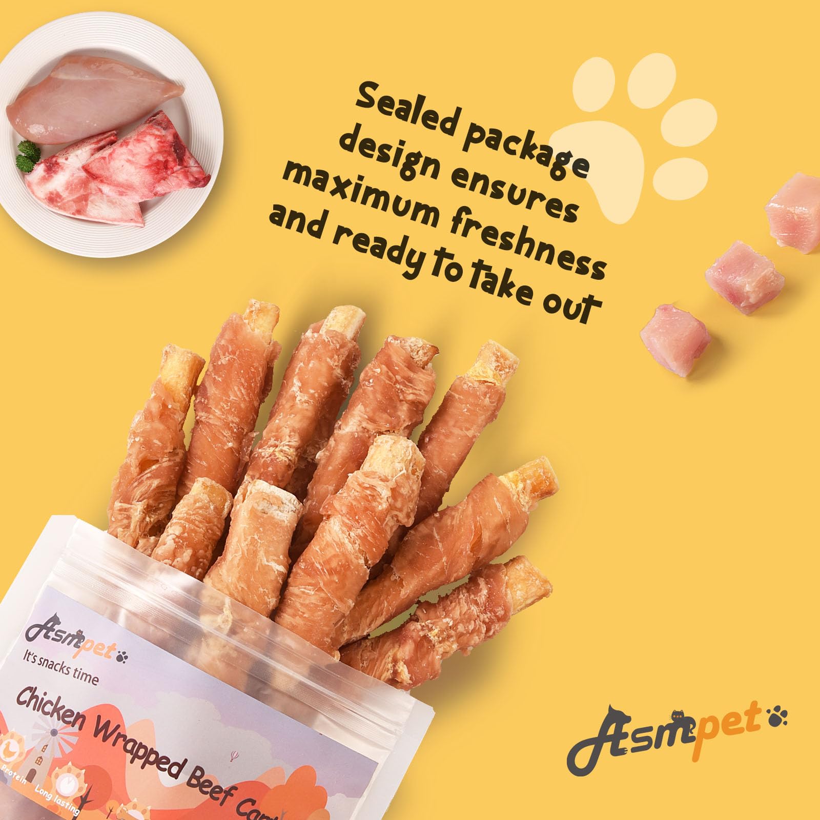 ASMPET Dog Treats Chicken Wrapped Beef Cartilage Dog Treats Long Lasting High Calcium Chewy Dog Soft Bone Non-Rawhide Puppy Treat Twist Sticks Rich in Protein for Small Medium Large Dogs