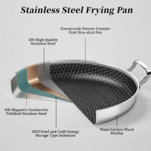 12 inch Stainless Steel Frying Pan 4.5 QT Saute Pan Non-stick Omelette Pan Skillet Frying Pan with Cooling Handle and Glass Lid for Induction, Gas, Ceramic and Electric Stovetops