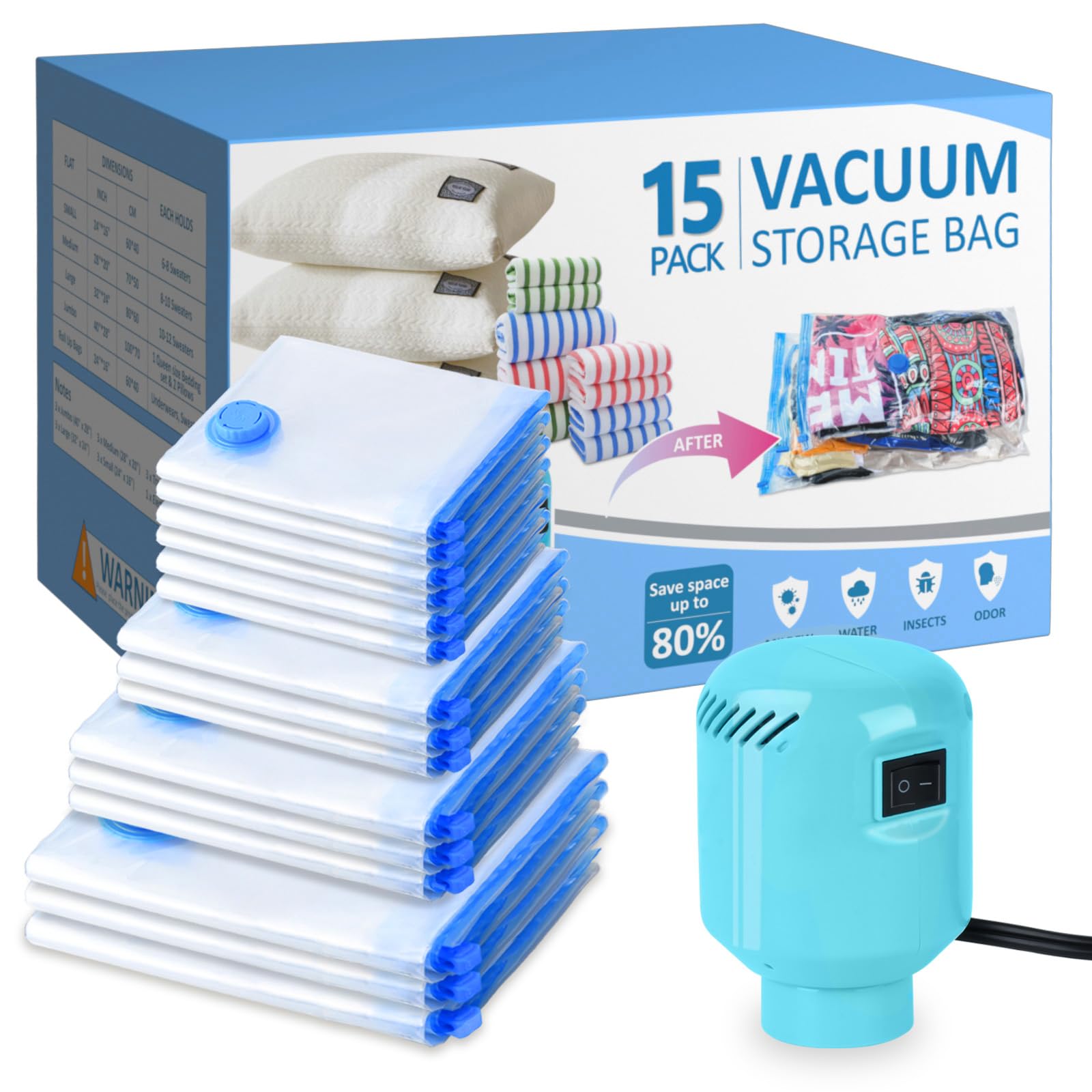 15 Pack Vacuum Storage Bags with Electric Air Pump, (3 Jumbo/ 3 Large/ 3 Medium/ 3 Small/ 3 Roll) Space Saver Storage Vacuum Sealed Bags for Clothing, Bedding, Comforters, Blankets, Travel