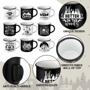 Mumufy 9 Pcs Enamel Camping Coffee Mugs 12 oz Happy Campers Campfire Tea Cups Black White Travel Drinking Mugs with Handle Vintage Tea Cups for Coffee, Tea, Milk Travel Mug Camping Lover Holiday Gifts