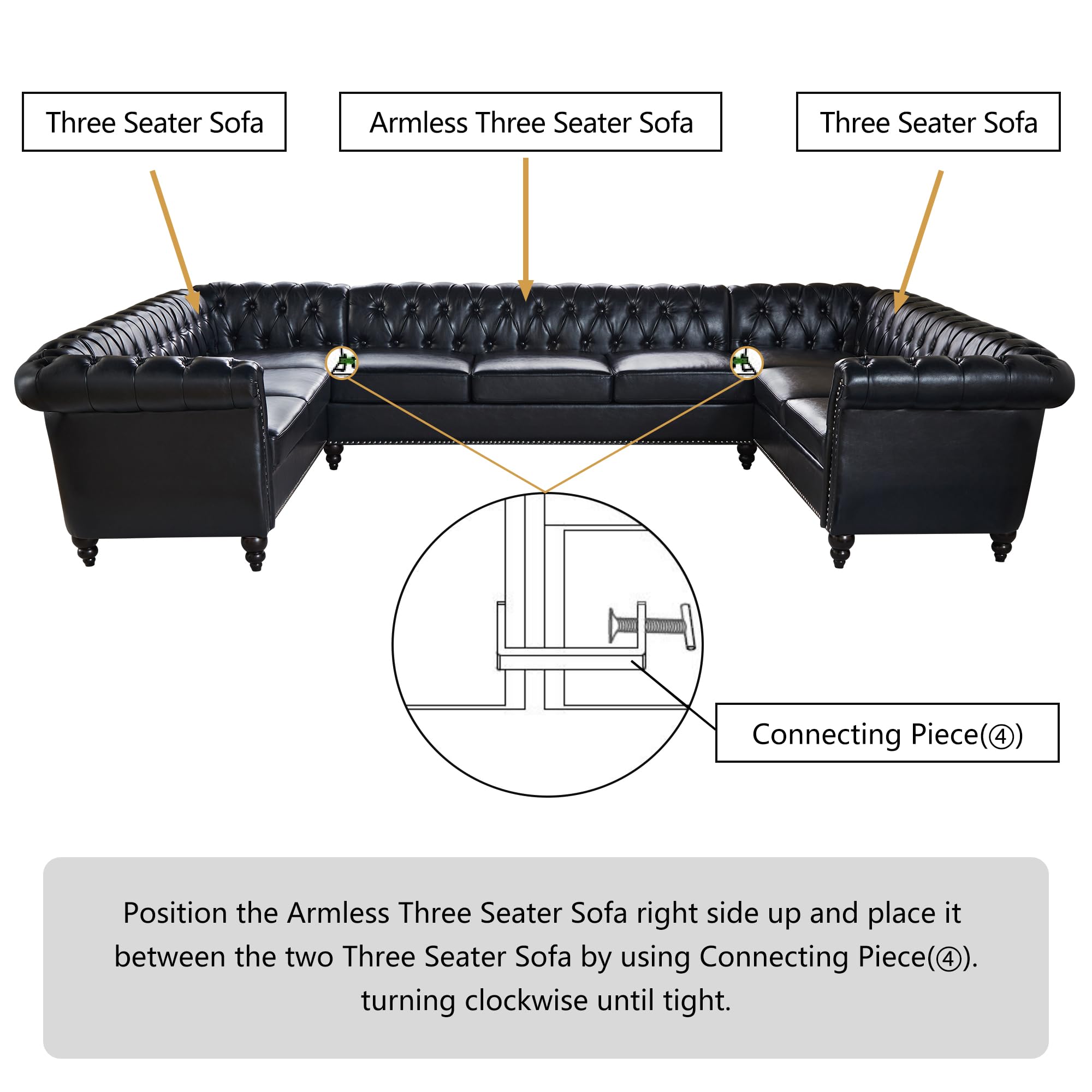 U Shaped Large Sectional Sofa, Chesterfield Leather Faux Couch Tufted Accent Sofa with Scroll Arms and Nailhead for Living Room, Office