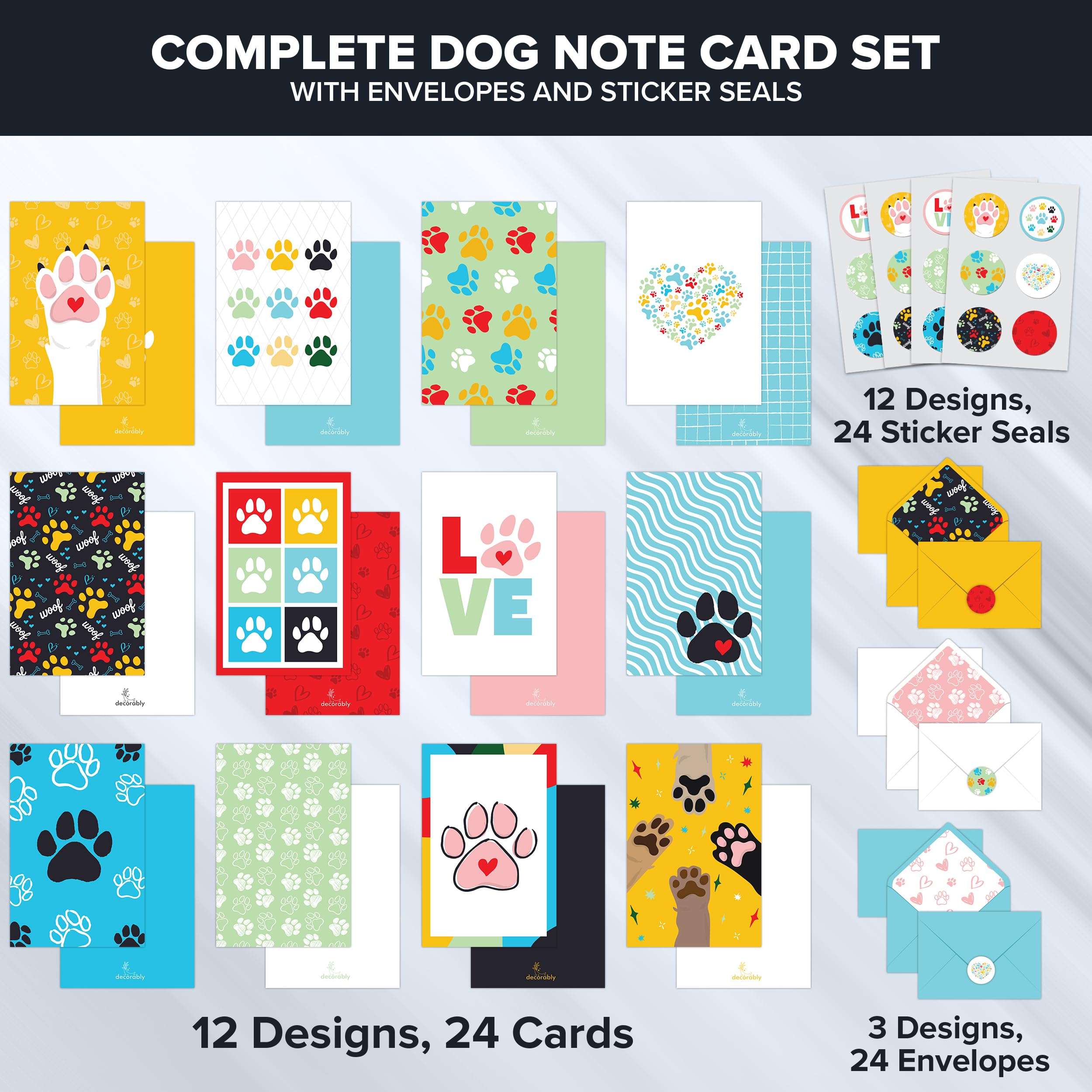 Decorably Notecards with Envelopes & Stickers - 24 Pack Blank Dog Cards with Envelopes & Stickers, 12 Designs Blank Dog Note Cards with Envelopes, 6x4in Blank Dog Greeting Cards, Dog Card