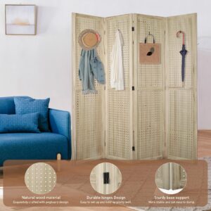 ECOMEX 4 Panel Room Divider, 5.6Ft Pegboard Display Wooden Room Divider Folding Privacy Screen Room Divider Freestanding Peg Board Display for Trade Show Craft Show Home Wall Organizer, Natural Wood