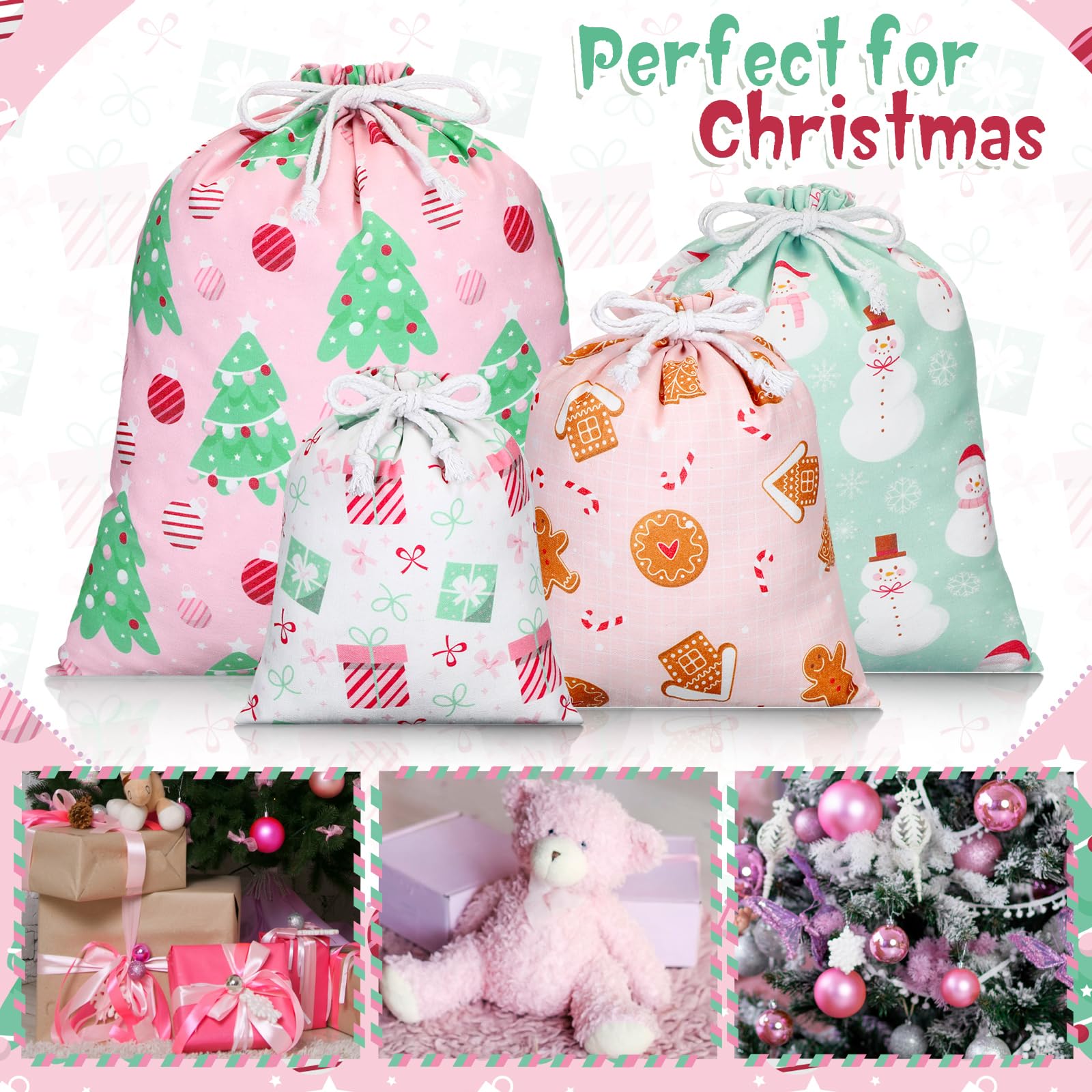 Clysee 10 Pcs Pink Christmas Fabric Gift Bags with Drawstrings Xmas Stocking Storage Sacks Large Medium Small Reusable Christmas Gift Bag Cotton Wrapping Bags for Xmas Presents Party Favor