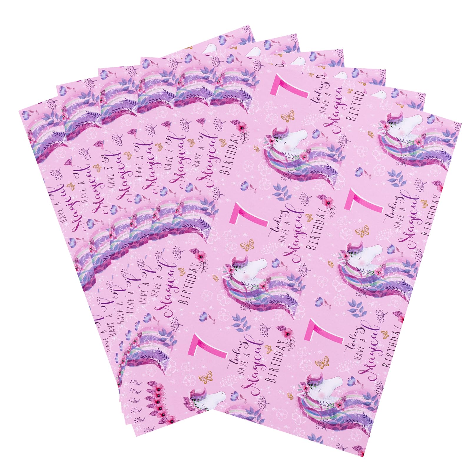 RUSPEPA Birthday Wrapping Paper Sheets with 7 Year Old Pink Pattern Great for Birthday Gift Wrap, 6 Fold on Sheets Each Set, 27 inches x 19 inches