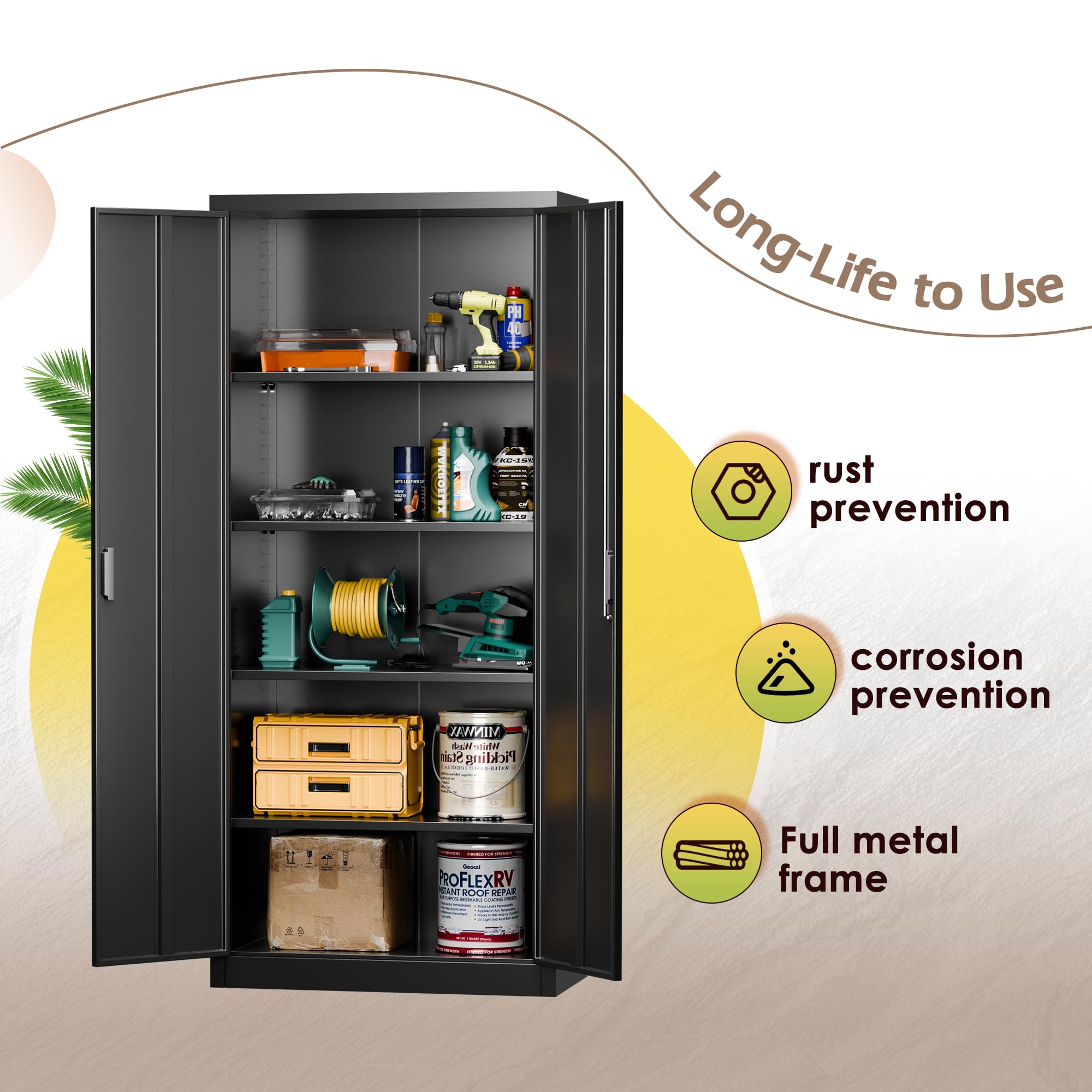 LOCENHU Metal Storage Cabinet with 2 Doors and 4 Adjustable Shelves - 71" Locking File Cabinet,Locking Tool Cabinet for Office,Home,Garage,Gym,School (Black),Requires Installation