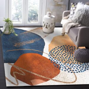 Mid Century Terracotta Abstract Geometry Area Rug, Burnt Orange Navy Block Gold Line Accent Indoor Rugs, Home Decor Soft Rugs Collection Comfy Floor Mat for Bedroom Living Room 5x6ft