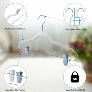 Clear Plastic Pants Hangers with Clips 20 Pack | Heavy Duty Skirt Hangers Swivel Hook and Notches | Space Saving Acrylic Clip Hangers for Pants | Suitable for All Clothing | 16.5 Inch (Clear, 20)