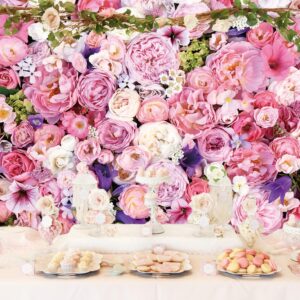 Pink Floral Photography Backdrop Mother's Day Decoration 7x5FT Flower Wall Photo Background for Girls Bridal Wedding Baby Shower Birthday Party Cake Tables Decoration Studio Props