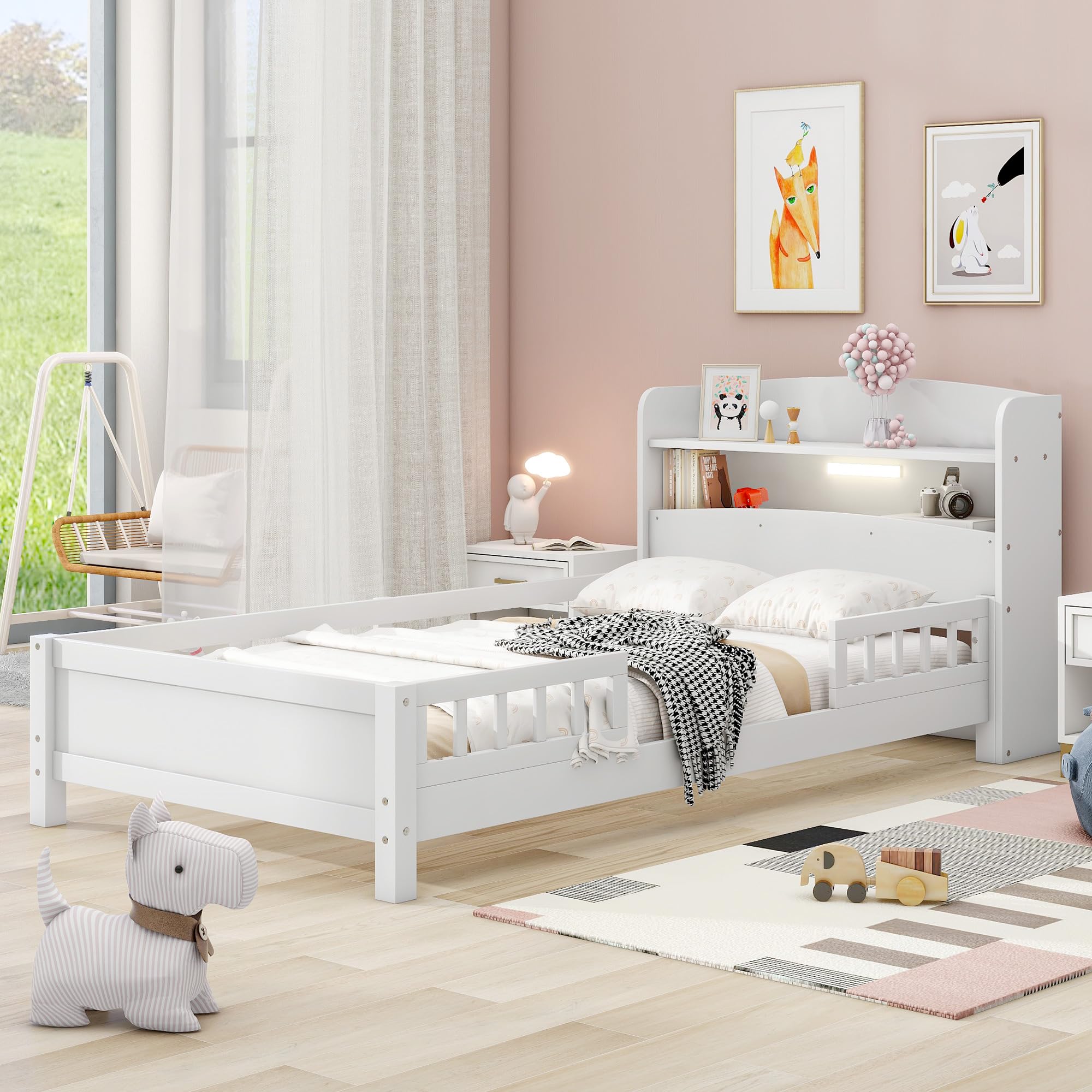 Bellemave Twin Bed Frame with Storage Headboard, White - Solid Wood Kids Bed with Built-in LED Light, Guardrail & Slats - 87L x 43W x 31.2H inches - Includes Tools for Assembly