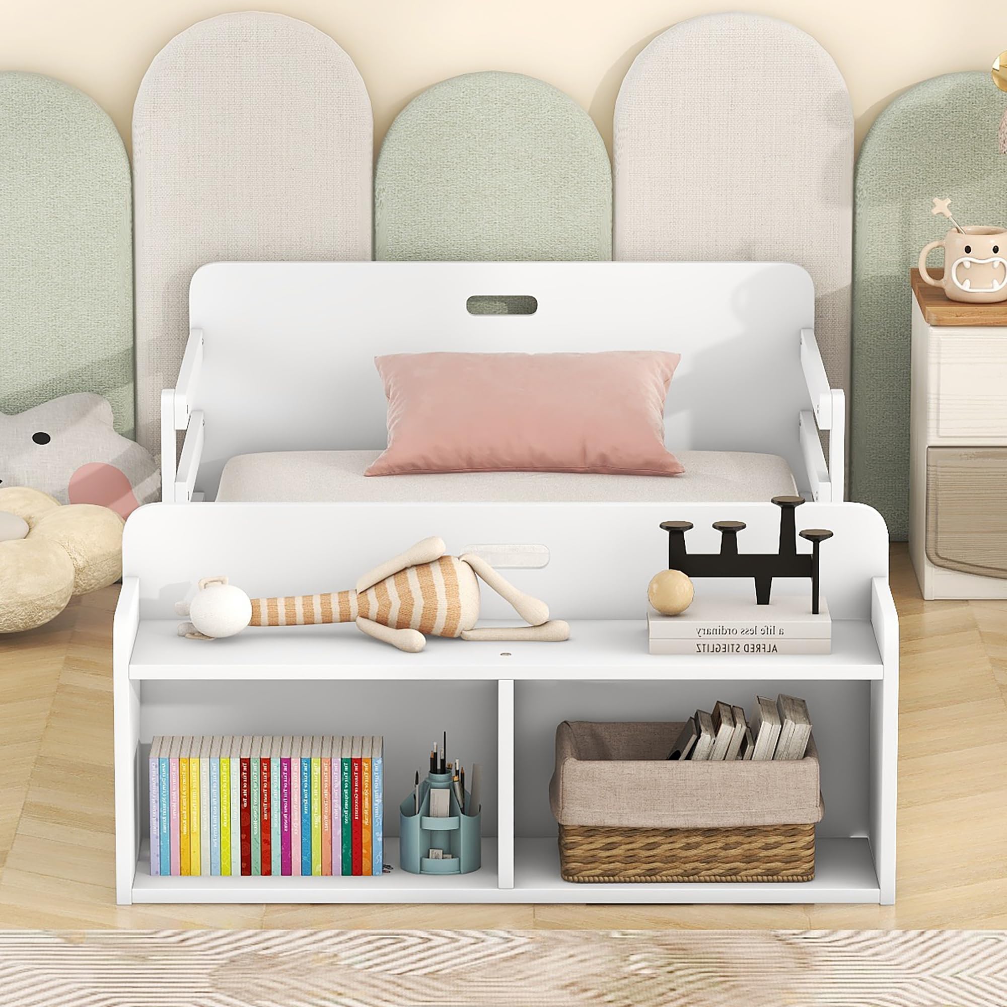 Bellemave Twin Size Floor Bed with Headboard and Footboard Solid Wood Twin Bed for Kids with Storage Footboard and Guardrail, White