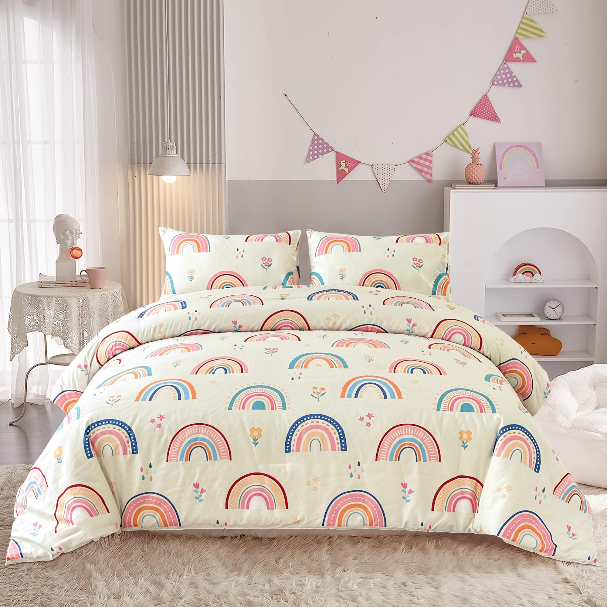 Btargot Lightweight Soft 3 Piece Rainbow Comforter Set with 2 Pillow Covers, Cartoon Love Hearts Flowers and Grass Bedding Set for Girls Boys Kids, Full Multi-Color