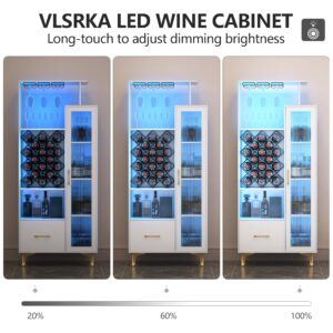 Vlsrka LED Liquor Wine Cabinet, Wine Bar Cabinet with USB Port, Bar Cabinets for 18 Bottle Wine Rack and 3 Glass Holder, Tall Sideboard Buffet Storage Cabinet for Living, Dining Room, White