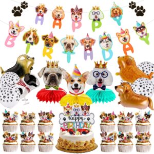 39 pcs dog birthday decorations dog birthday party supplies puppy party favors, 2 pcs happy birthday banner 3 pcs birthday honeycombs 9 pcs dog balloons and 25 pcs cupcake toppers for kid dog lover