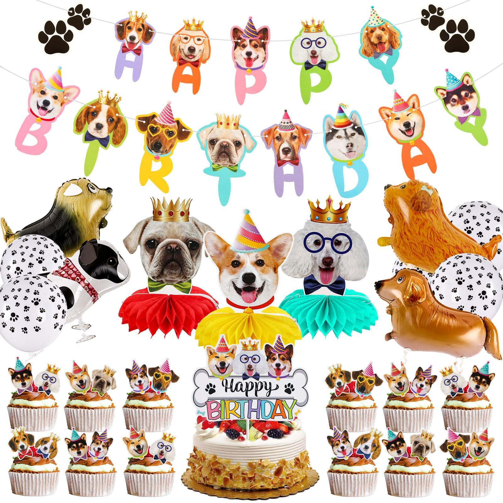 39 Pcs Dog Birthday Decorations Dog Birthday Party Supplies Puppy Party Favors, 2 Pcs Happy Birthday Banner 3 Pcs Birthday Honeycombs 9 Pcs Dog Balloons and 25 Pcs Cupcake Toppers for Kid Dog Lover