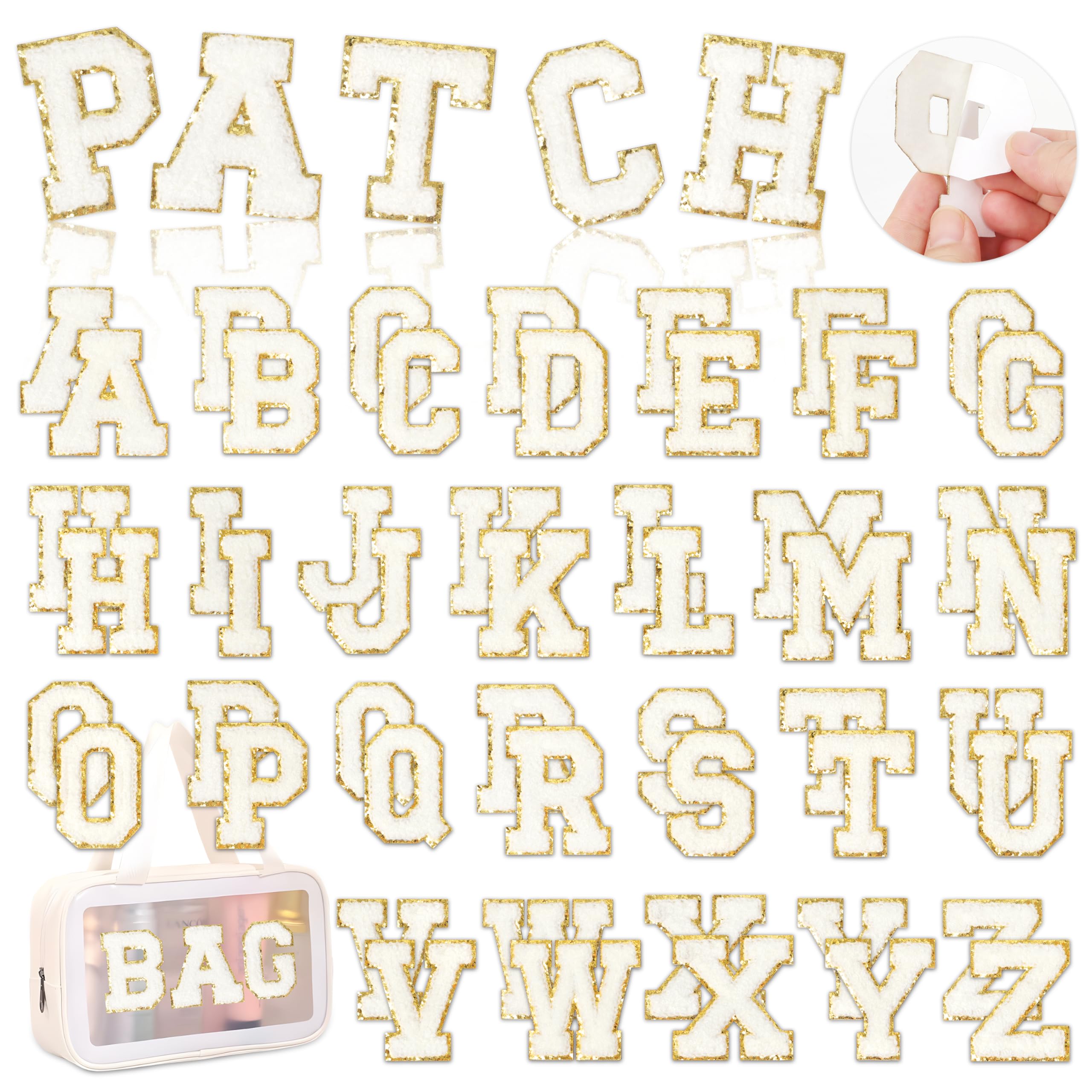 White Chenille Letters Self-Adhesive Patches: KINGSOW 52PCS Self Adhesive Varsity Iron on Letter Patches Stick on Embroidered Patch for Clothing