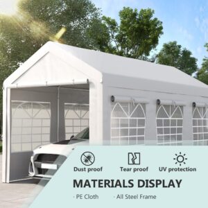 Outsunny 10' x 20' Party Tent and Carport, Height Adjustable Portable Garage, Outdoor Canopy Tent 8 Legs with Sidewalls for Car, Truck, Boat, Motorcycle, Bike, Garden Tools, White