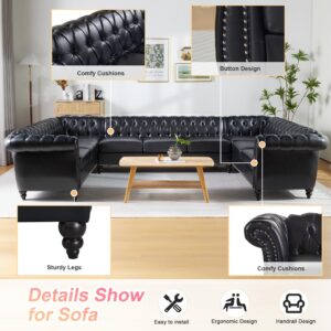 U Shaped Large Sectional Sofa, Chesterfield Leather Faux Couch Tufted Accent Sofa with Scroll Arms and Nailhead for Living Room, Office