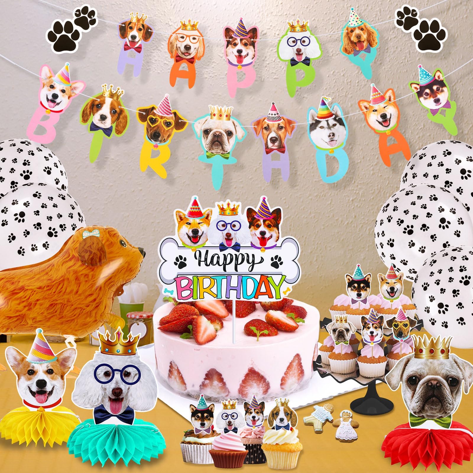 39 Pcs Dog Birthday Decorations Dog Birthday Party Supplies Puppy Party Favors, 2 Pcs Happy Birthday Banner 3 Pcs Birthday Honeycombs 9 Pcs Dog Balloons and 25 Pcs Cupcake Toppers for Kid Dog Lover