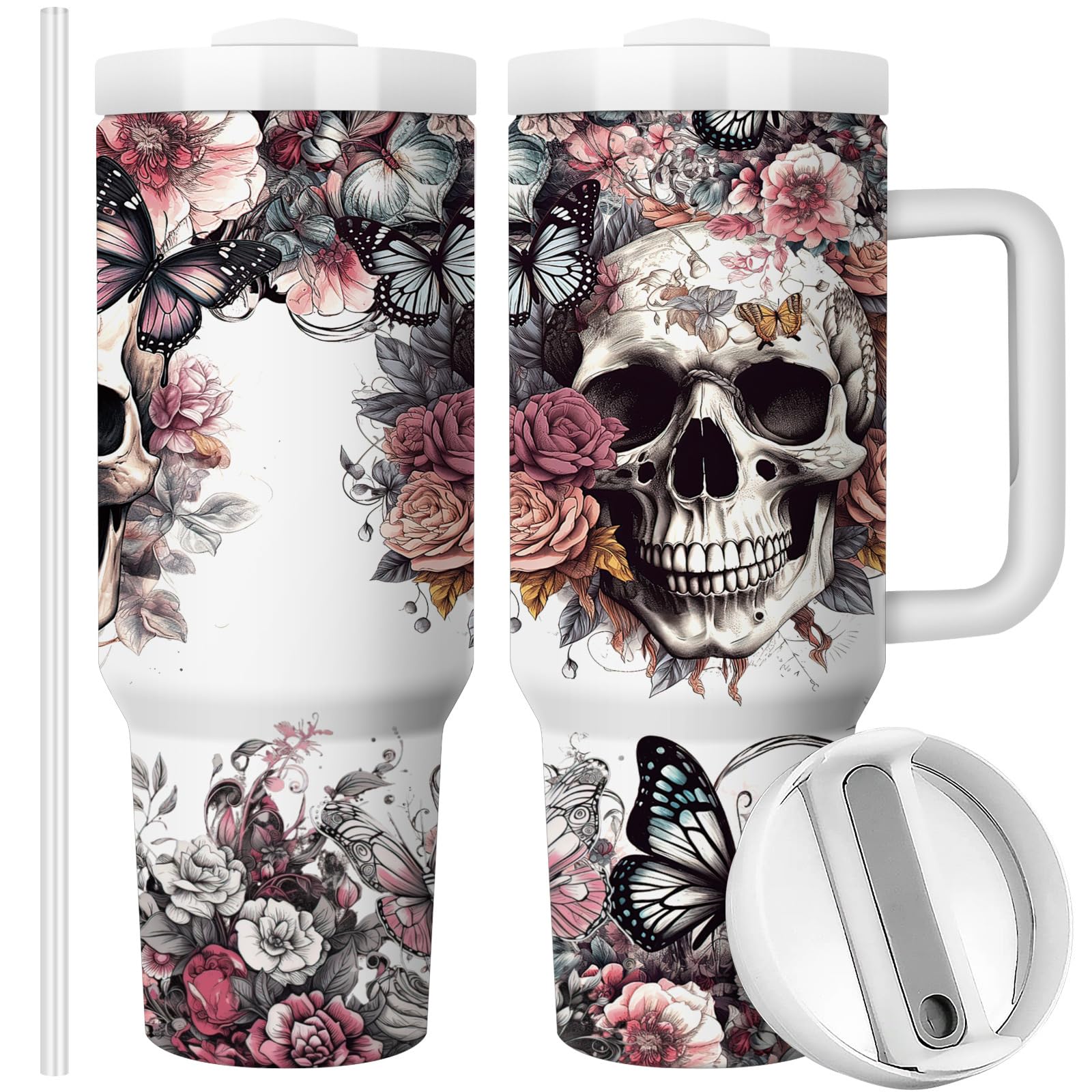 Equoza Horror Gifts Idea for Men - 40oz Gothic Skulls Stainless Steel Travel Mug Tumbler with Handle, Double Wall Vacuun Insulated Cup with Lid and Straw