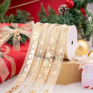 Holijolly Christmas Gold Sheer Ribbon - Merry Christmas Tree and Star Snow Yarn Ribbon for Gift Wrap, Decorating - 3/4 inch x 10 Yard