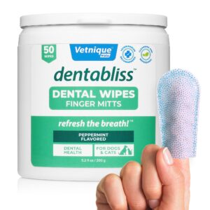 vetnique dentabliss - dog teeth cleaning finger mitt dental wipe - dog plaque and tartar prevention with brushing beads - convenient peppermint dog teeth wipes, dog breath freshener