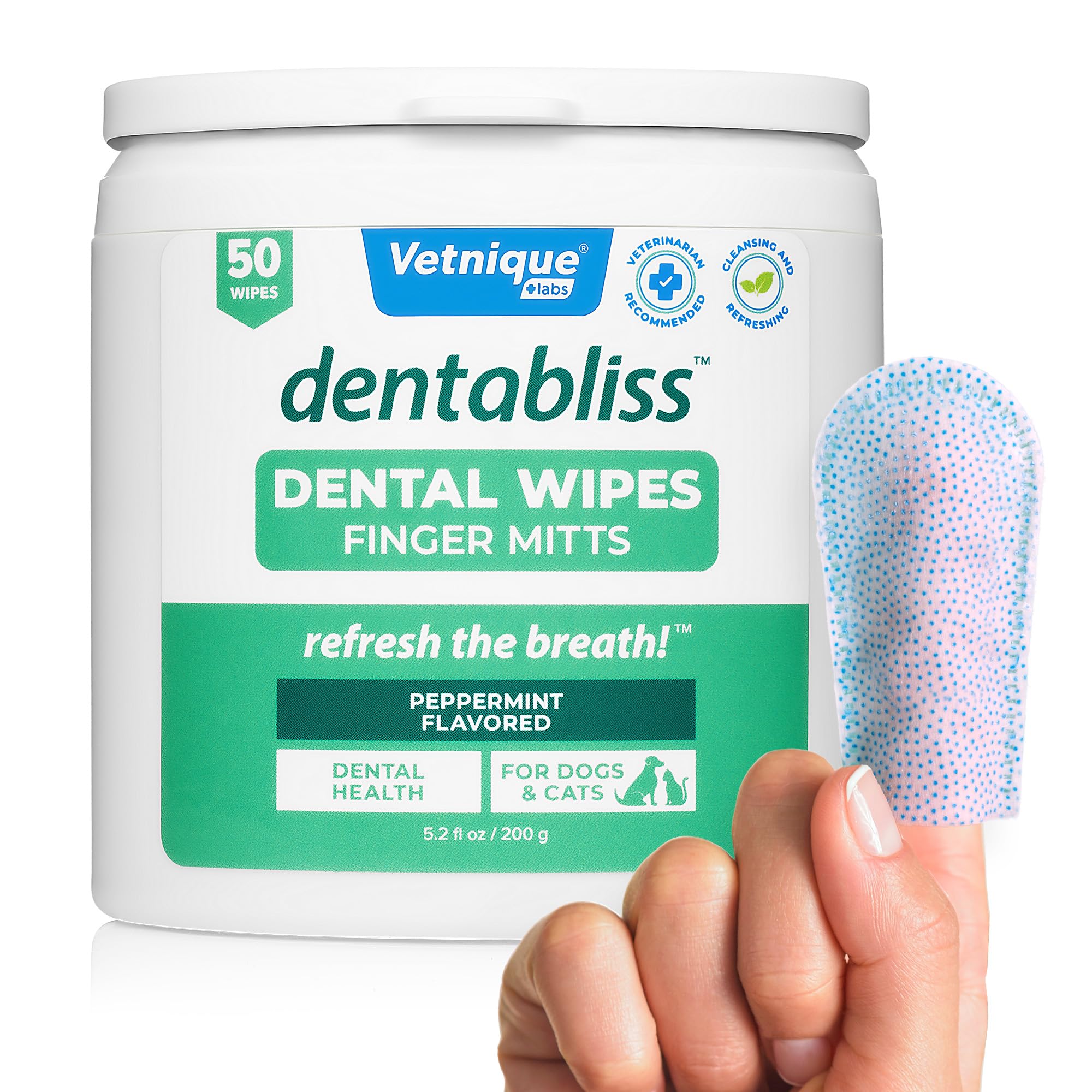 Vetnique Dentabliss - Dog Teeth Cleaning Finger Mitt Dental Wipe - Dog Plaque and Tartar Prevention with Brushing Beads - Convenient Peppermint Dog Teeth Wipes, Dog Breath Freshener