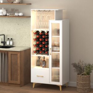 vlsrka led liquor wine cabinet, wine bar cabinet with usb port, bar cabinets for 18 bottle wine rack and 3 glass holder, tall sideboard buffet storage cabinet for living, dining room, white