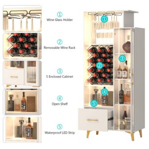 Vlsrka LED Liquor Wine Cabinet, Wine Bar Cabinet with USB Port, Bar Cabinets for 18 Bottle Wine Rack and 3 Glass Holder, Tall Sideboard Buffet Storage Cabinet for Living, Dining Room, White