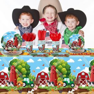 Hushee 171 Pcs Farm Animals Theme Party Supplies Cowboy Farm Barn Party Tablecloth 24 Guests Dinner Plates Dessert Plates Cups Napkins Banner for Baby Shower Western Cowgirl Farm Party Decoration