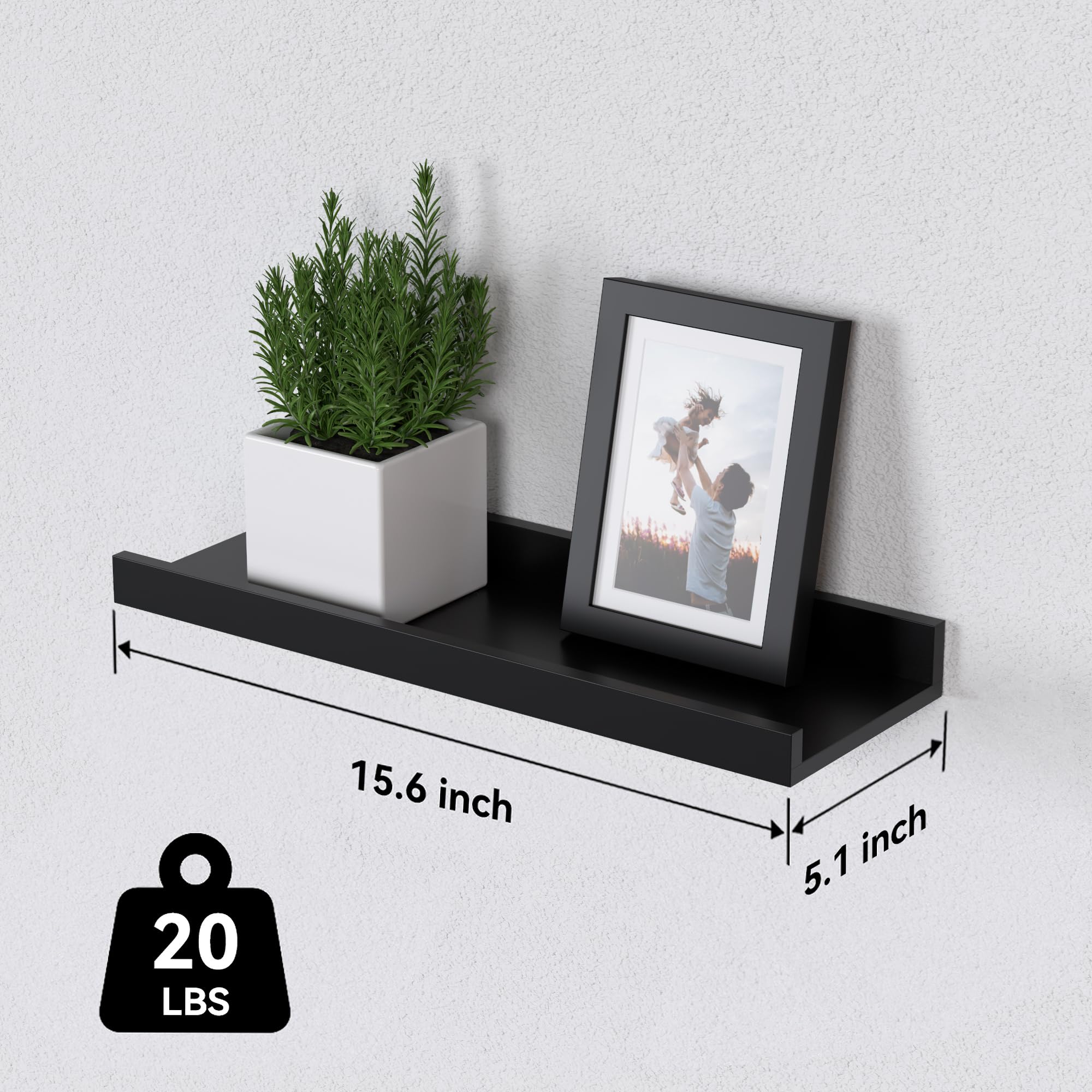 DOLLFIO Modern Shelves Set of 3, Black Wall Mount, Heavy Duty Engineered Wood, Floating Shelves for Living Room, Bedroom, Nursery, Bathroom, Pictures, Books, Plants