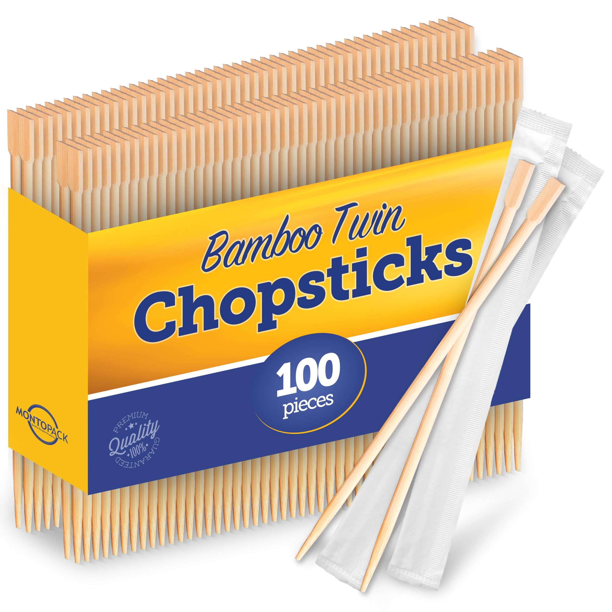 MontoPack Individually Wrapped Twin Chopsticks | Bulk 100 Pack Disposable Wooden Chopsticks | Chinese Bamboo Splinter-Free Party Utensil for Sushi, Rice, Noodles & All Asian, Japanese, Korean Dishes