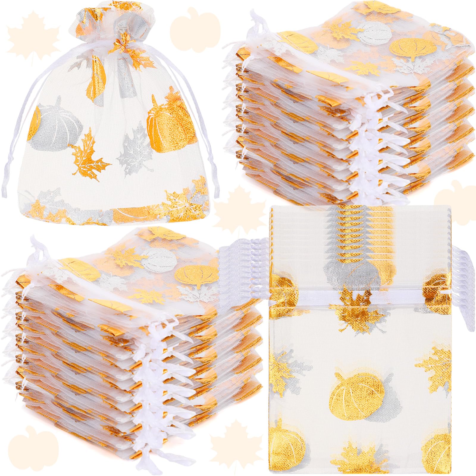 Berlune 300 Pcs Thanksgiving Gift Bags with Drawstring 3 x 4 Inch Fall Organza Gift Bags Gold Pumpkin Decorative Gift Bags Candy Treat Bags for Wedding Baby Shower Birthday Party Supplies