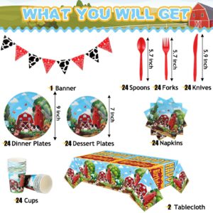 Hushee 171 Pcs Farm Animals Theme Party Supplies Cowboy Farm Barn Party Tablecloth 24 Guests Dinner Plates Dessert Plates Cups Napkins Banner for Baby Shower Western Cowgirl Farm Party Decoration