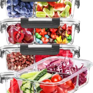 Skroam 5-Packs 36OZ Glass Airtight Food Storage Containers 3 Compartments, Glass Meal Prep Container Set with Lids for Pantry Kitchen Organizers and Storage, BPA Free Glass Lunch Boxes Bento