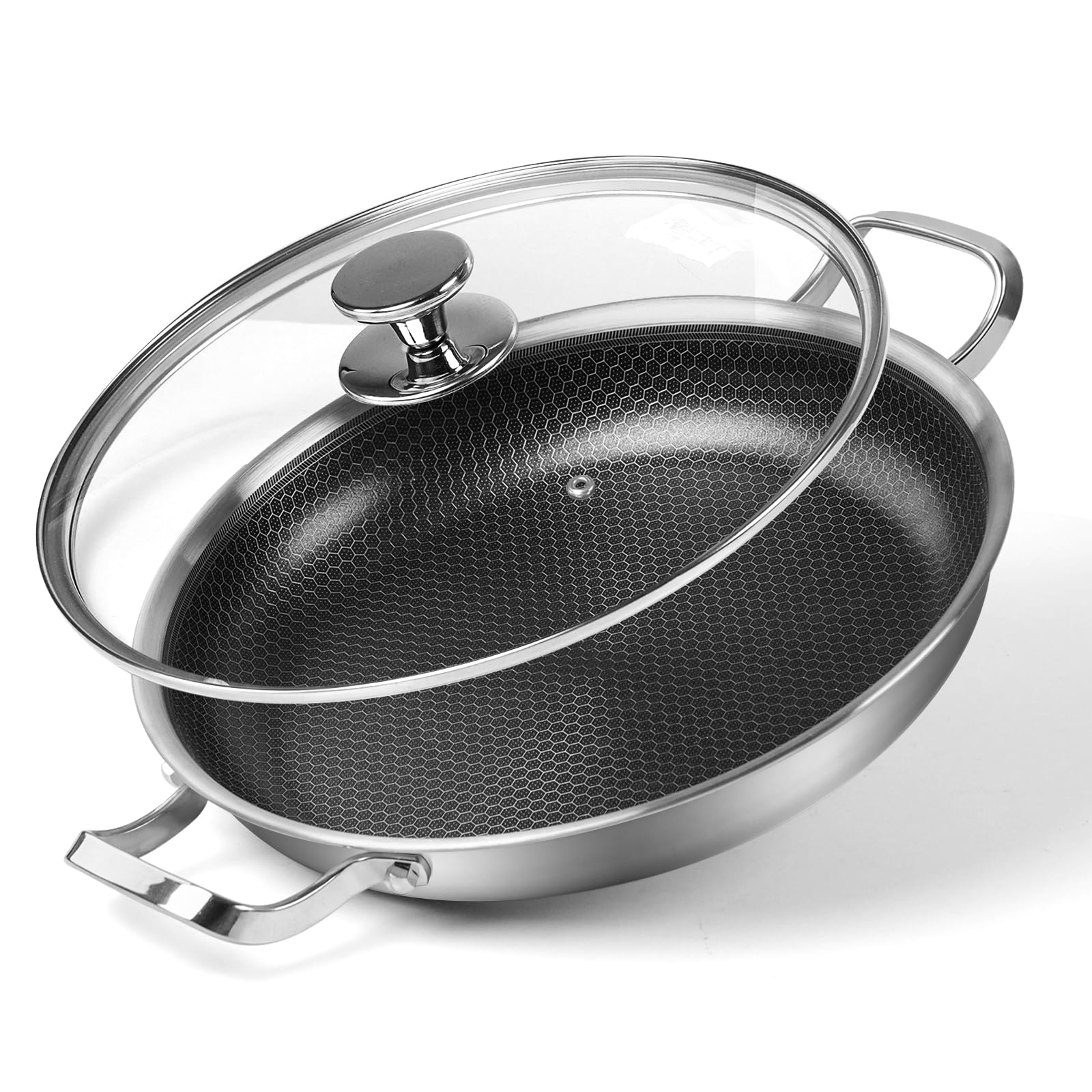 12 inch Stainless Steel Frying Pan 4.5 QT Saute Pan Non-stick Omelette Pan Skillet Frying Pan with Cooling Handle and Glass Lid for Induction, Gas, Ceramic and Electric Stovetops